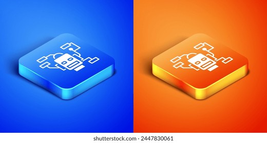 Icono de robot isométrico aislado sobre fondo azul y naranja. Inteligencia artificial, aprendizaje automático, computación en la nube. Botón cuadrado. Vector