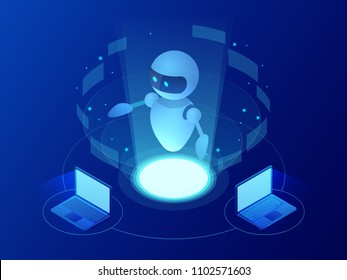 Isometric robot learning or solving problems concept. Artificial intelligence business vector illustration. Science teacher bot. Knowledge Expertise Intelligence Learn. Online training banner.