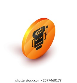 Isometric Robot low battery charge icon isolated on white background. Artificial intelligence, machine learning, cloud computing. Orange circle button. Vector