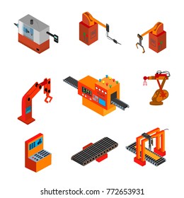 Isometric robot machinery remote mechanical operators 3d icons set isolated vector illustration