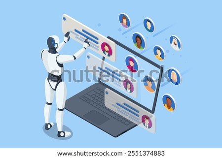 An isometric robot processes employee or personnel databases, handling data analysis. Acting as an HR manager, it leverages artificial intelligence for big data insights. Robot HR manager.
