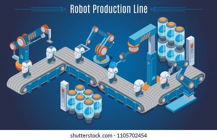 Isometric robot production line template with industrial robotic arms creating cyborg heads isolated vector illustration