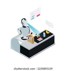 Isometric robot professions composition with isolated image of futuristic cyborg assistant on blank background vector illustration