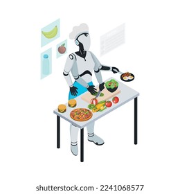 Isometric robot professions composition with isolated image of futuristic cyborg assistant on blank background vector illustration