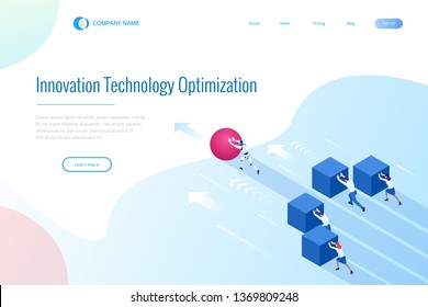 Isometric robot pushing cubes. Robot easily moving the cube. Humans VS robots. Winning strategy, efficiency, innovation in business concept.