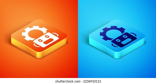 Isometric Robot setting icon isolated on orange and blue background. Artificial intelligence, machine learning, cloud computing.  Vector