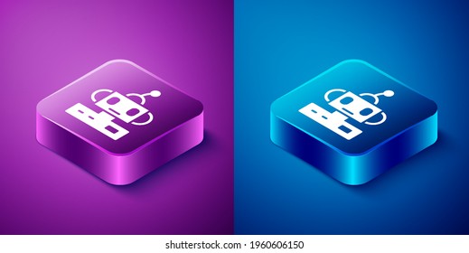 Isometric Robot toy icon isolated on blue and purple background. Square button. Vector
