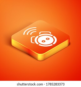 Isometric Robot vacuum cleaner icon isolated on orange background. Home smart appliance for automatic vacuuming, digital device for house cleaning. Vector