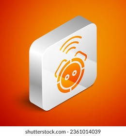 Isometric Robot vacuum cleaner icon isolated on orange background. Home smart appliance for automatic vacuuming, digital device for house cleaning. Silver square button. Vector