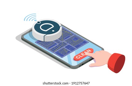 Isometric robot vacuum cleaner on mobile phone screen, flat vector illustration. Smartphone control home appliance. Robotic vacuum cleaner for house cleaning. Smart technologies. Internet of things.