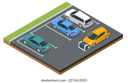 Isometric robot valet parking cars. Outdoor valet parking robot. Automated parking systems for cars