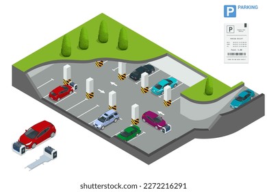 Isometric robot valet parking cars. Outdoor valet parking robot. Automated parking systems for cars Underground parking with cars. Indoor car park under house or office.