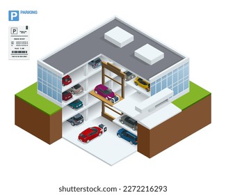 Isometric robot valet parking cars. Outdoor valet parking robot. Automated parking systems for cars Underground parking with cars. Indoor car park under house or office.