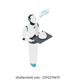 Isometric robot waiter or home helper holding tray with meal and communicating 3d vector illustration