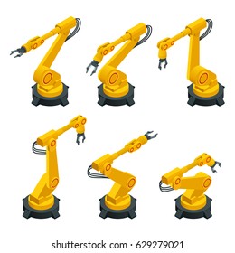 Isometric Robotic Arm, Hand, Industrial Flat Vector Icons Set. Automotive And Electronics Are Top Industry Sectors For Robotics Use. Flat 3d Vector Illustration