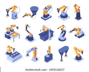 Isometric Robotic Arm. Industrial Factory Machines, Manufacturing Automatisation And Production Line Robot Arms. Engineer Robotic Mechanism Arm Futuristic Tech 3d Isolated Vector Icons Set