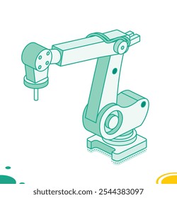 Braço robótico isométrico pegando um pequeno objeto em estilo de contorno. Objeto isolado no fundo branco. Ilustração vetorial. Ícone de indústria inteligente. Braço robótico industrial.