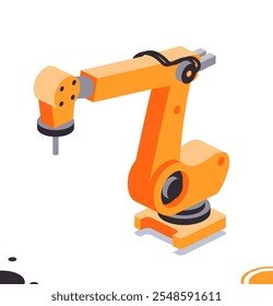 Isometric robotic arm picking up a small object. Object isolated on white background. Vector illustration. Smart industry icon. Industrial robotic arm.