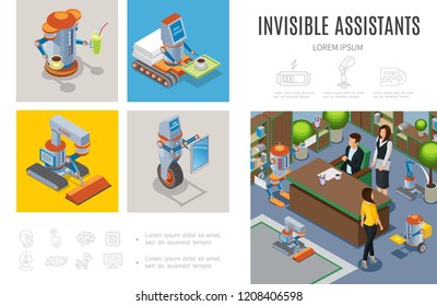 Isometric robotic assistants infographic template with robots bar cleaner courier housewife intelligent machines helping people in business and hotel services vector illustration
