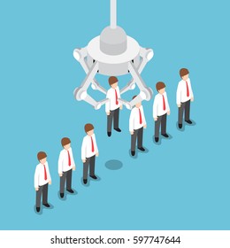 Isometric Robotic Claw Picking Up Businessman Who Chosen, Recruitment Or Human Resources Management Concept