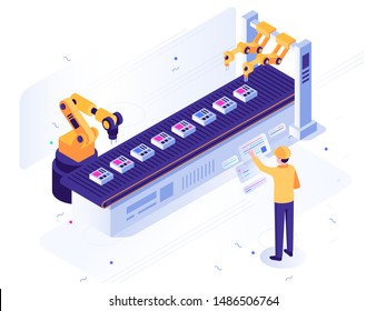 Isometric Robotic Factory. Engineer Operates Robotic Conveyor, Automatic Robot Arm And Industrial Manufacture. Robot Ai Steel Arms Construction, Industry Factory Worker Vector Illustration