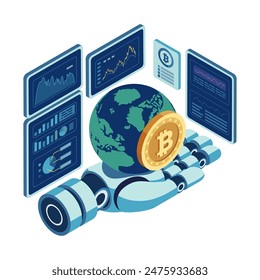 Isometric Robotic Hand Holding World with Bitcoin Surrounded by Digital Financial Chart. Bitcoin and Ai Cryptocurrency Data Analysis Concept