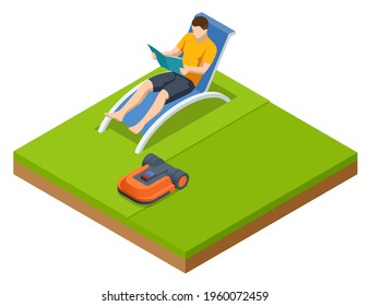Isometric Robotic lawn mower on grass, trimmer robot