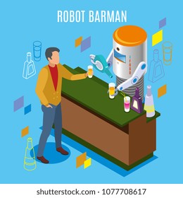 Isometric robotic restaurant background with robot barman headline and machine pours drinks to a human visitor vector illustration