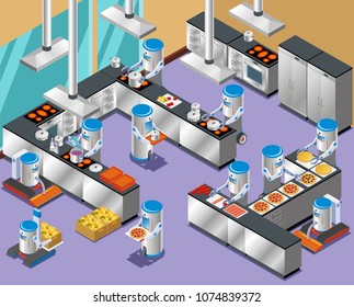 Isometric robotic restaurant composition with Robots in the restaurant kitchen on work distribution and cooking vector illustration