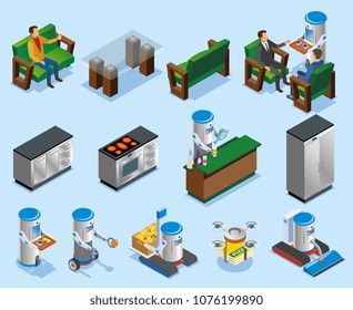 Isometric robotic restaurant industry composition with different elements of robots and kitchens vector illustration