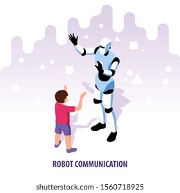Isometric robotics kids education composition with abstract background geometric figures and characters of robot and child vector illustration