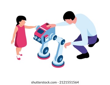 Isometrische Robotik-Kinder Bildung Komposition mit Charaktere der Teenagermädchen und Wissenschaftlerlehrer die Einrichtung eines Spielroboter Vektorgrafik-Vektorgrafik