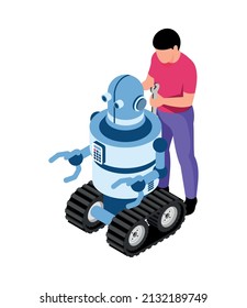 Isometric robotics kids education composition with character of teenage boy setting up crawling robot vector illustration