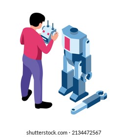 Isometric robotics kids education composition with character of teenage boy holding toy robots head vector illustration