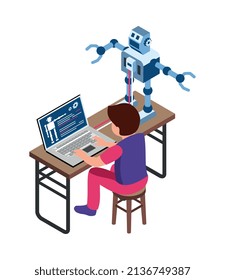 Robótica isométrica niños composición educativa con personaje de adolescente con juguete de programación portátil robot de juguete vector ilustración