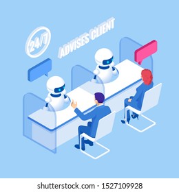 Isometric Robots answer people's questions. Customer service and assistance. Artificial intelligence. AI and business IOT concept.