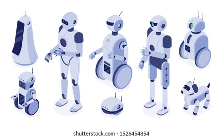 Isometric robots. Digital robotic machines, futuristic android development and 3d robot character. Scientist robot intelligence develop, helpig friend ai. Isolated vector illustration icons set