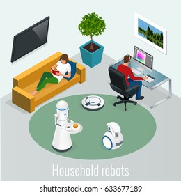 Isometric robots housework and technology concept. Woman with tablet and man with pc computer and robots at home