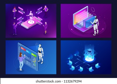 Isometric Robots Man With Artificial Intelligence Working With A Virtual Interface In Chatbot Emails. Message Online Chat Social Text Vector Illustration