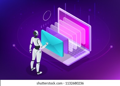 Isometric robots man with artificial intelligence working with a virtual interface in chatbot emails. Message online chat social text vector Illustration