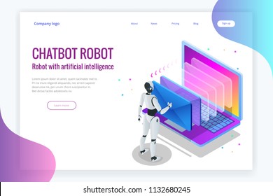 Isometric robots man with artificial intelligence working with a virtual interface in chatbot emails. Message online chat social text vector Illustration