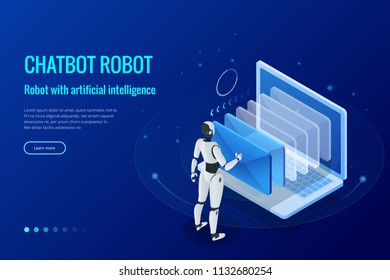 Isometric robots man with artificial intelligence working with a virtual interface in chatbot emails. Message online chat social text vector Illustration