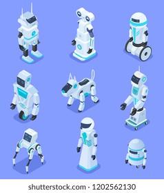 Isometric robots. Isometric robotic home assistant security robot pet. Futuristic 3d robots with artificial intelligence. Vector set of robot intelligence for assistant, multitasking ai illustration