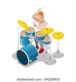 Isometric Rock Drummer Playing on Drums. Vector 3d flat illustration