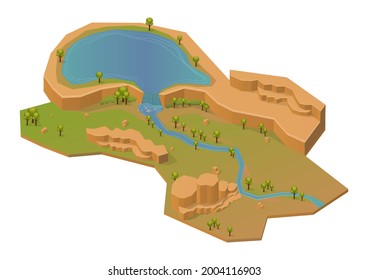 Isometric rock mount with lake and river. isolated on white