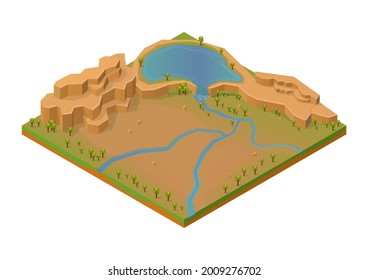 Isometric Rock Mount With Lake And River.