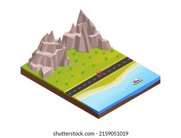 Isometric Rock Mountain With Beach And Highway