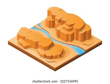 isometric rock mountain in desert with river