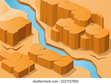 isometric rock mountain in desert with river