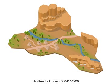 Isometric rock mountain with lake, river and house. Isolated on white